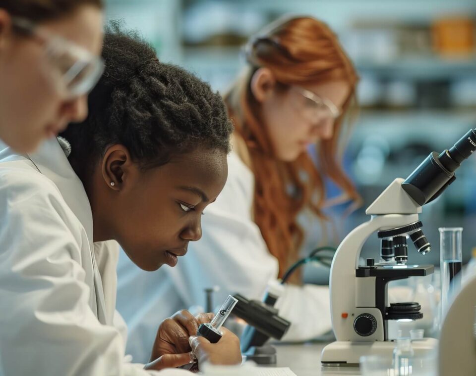 Students in a science lab using equipment