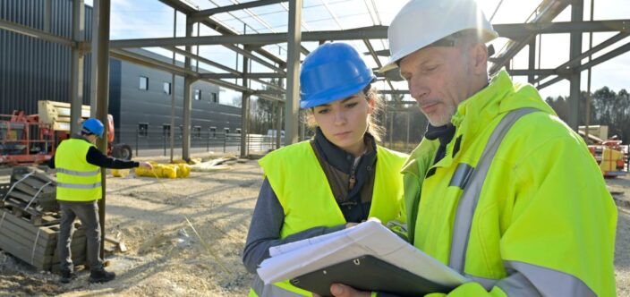 Two people on an industrial construction site
